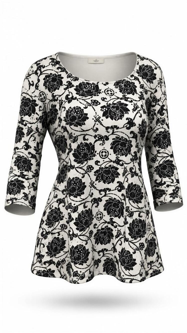 Rebecca Malone Tunic Blouse Womens Plus 3XL Black White Floral 3/4 Sleeve